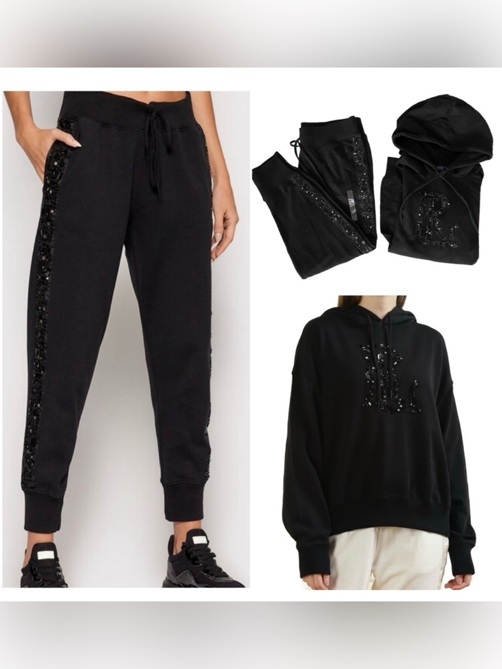 SET POLO RALPH LAUREN Embellished Logo French Terry Hoodie & Jogger XXL BLACK